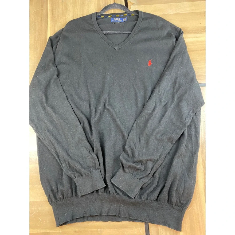 Polo Ralph Lauren Mens V Neck Long Sleeve‎ Sweater 3XL Tall Black Pima Cotton
